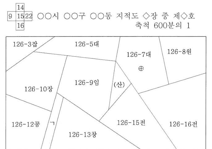 다음 지적도에 대한 설명으로 틀린 것은?… 그림 — 좌상단에 도면번호 14, 9, 15, 22, 16 인접도면 배치 / 우측 상단에 ○○시 ○○구 ○○동 지적도 ◇장 중 제◇호, 축척 600분의 1 126-3잡, 126-5대, 126-7대(중앙에 ⊕ 표시), 126-8원, 126-9임, (산), 126-10장, 126-12공, 126-13창, 126-15전, 126-16전